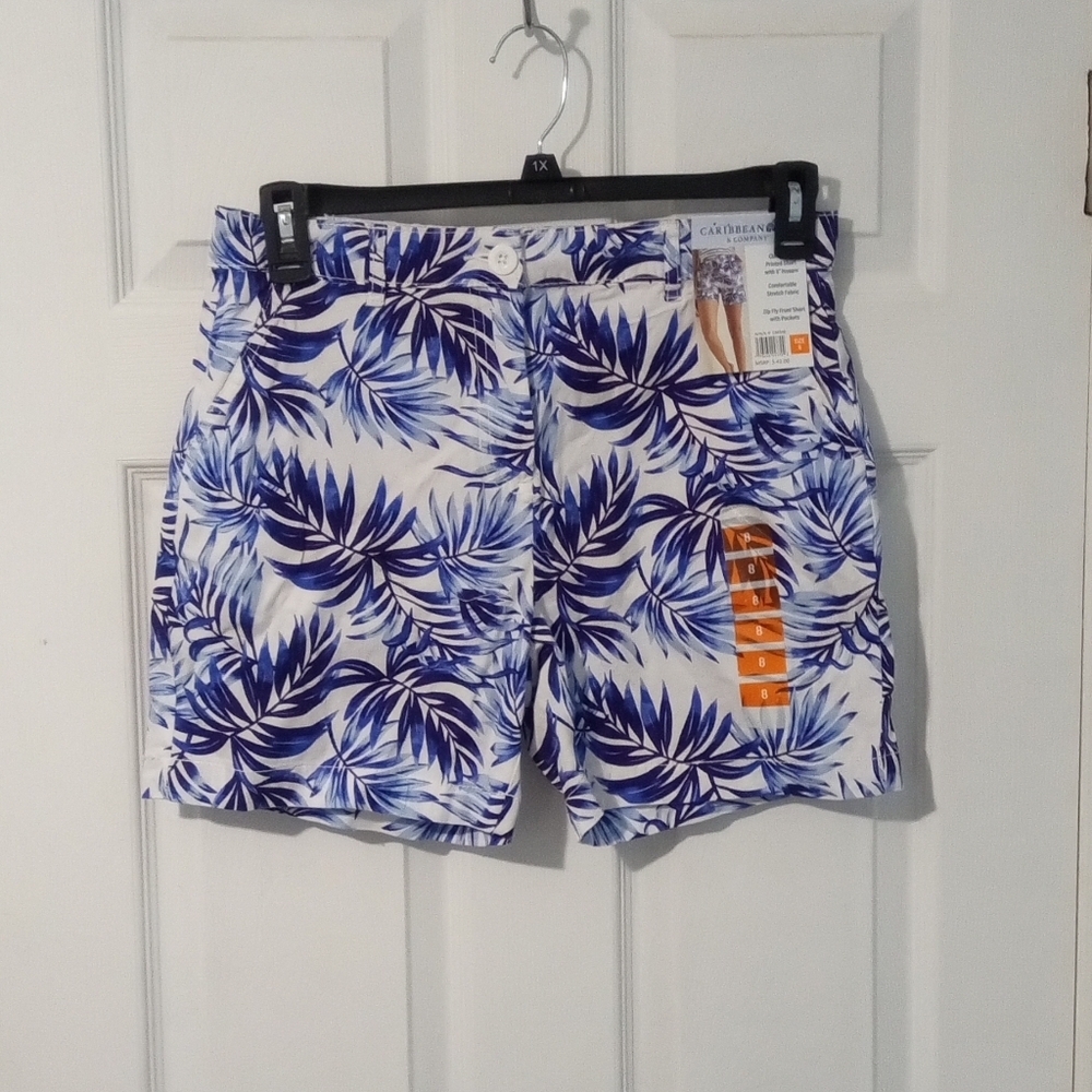 Caribbean Joe Blue and White Leaf Print Women's High Waist Shorts